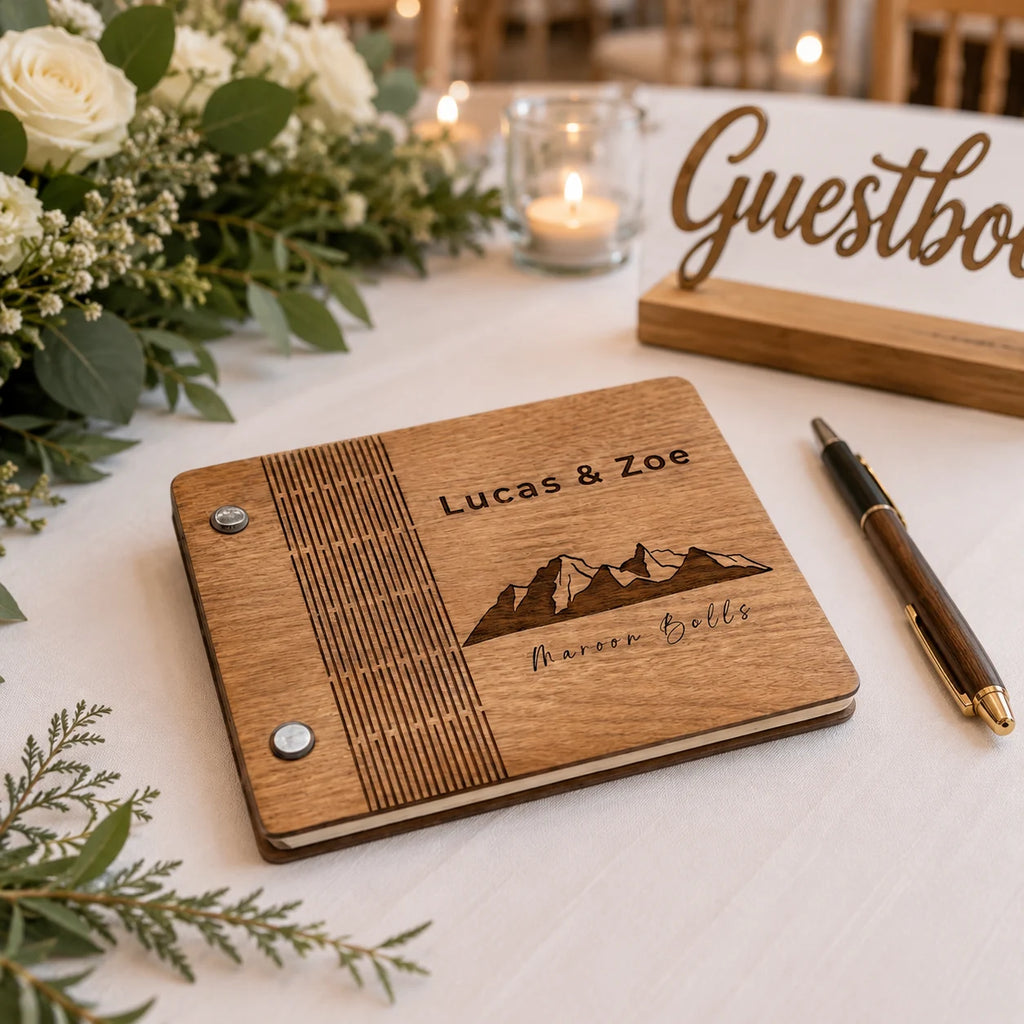 Personalized Wooden Vow Book, Rustic Mountain Engraving, Wedding Guestbook