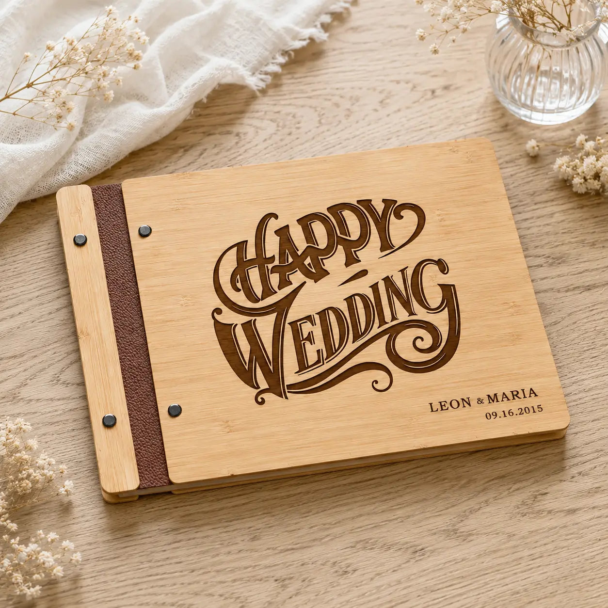 Personalized Wooden Wedding Guest Book – Custom Engraved Bamboo Photo Album & Sign-In Book with Names and Date