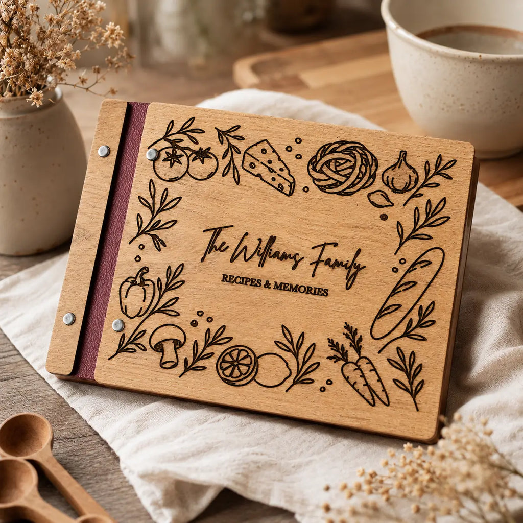 Personalized Wooden Recipe Book| Custom Engraved Family Cookbook| Blank Recipe Journal