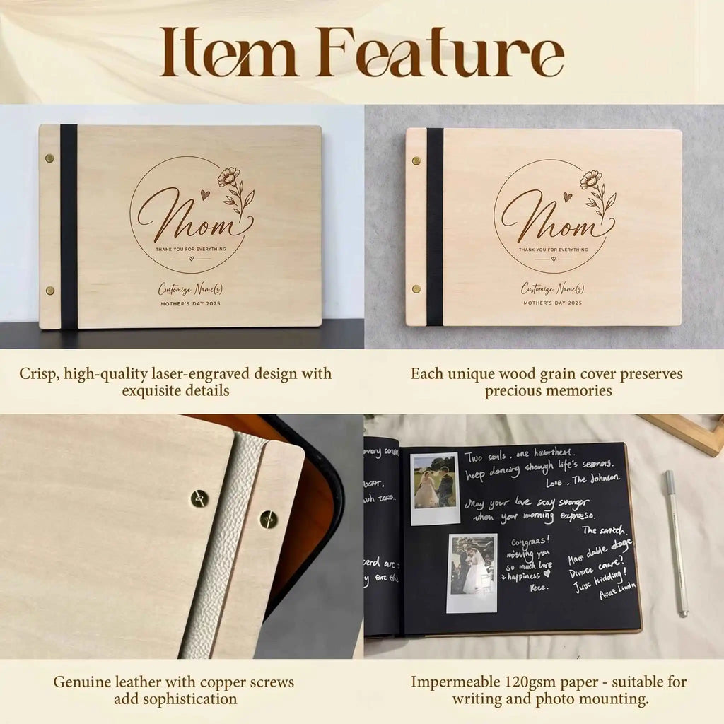 Personalized Wood Mother’s Day Scrapbook, Handcrafted Memory Guest Book & Photo Album