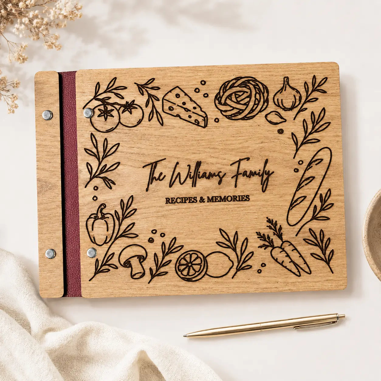 Personalized Wooden Recipe Book| Custom Engraved Family Cookbook| Blank Recipe Journal