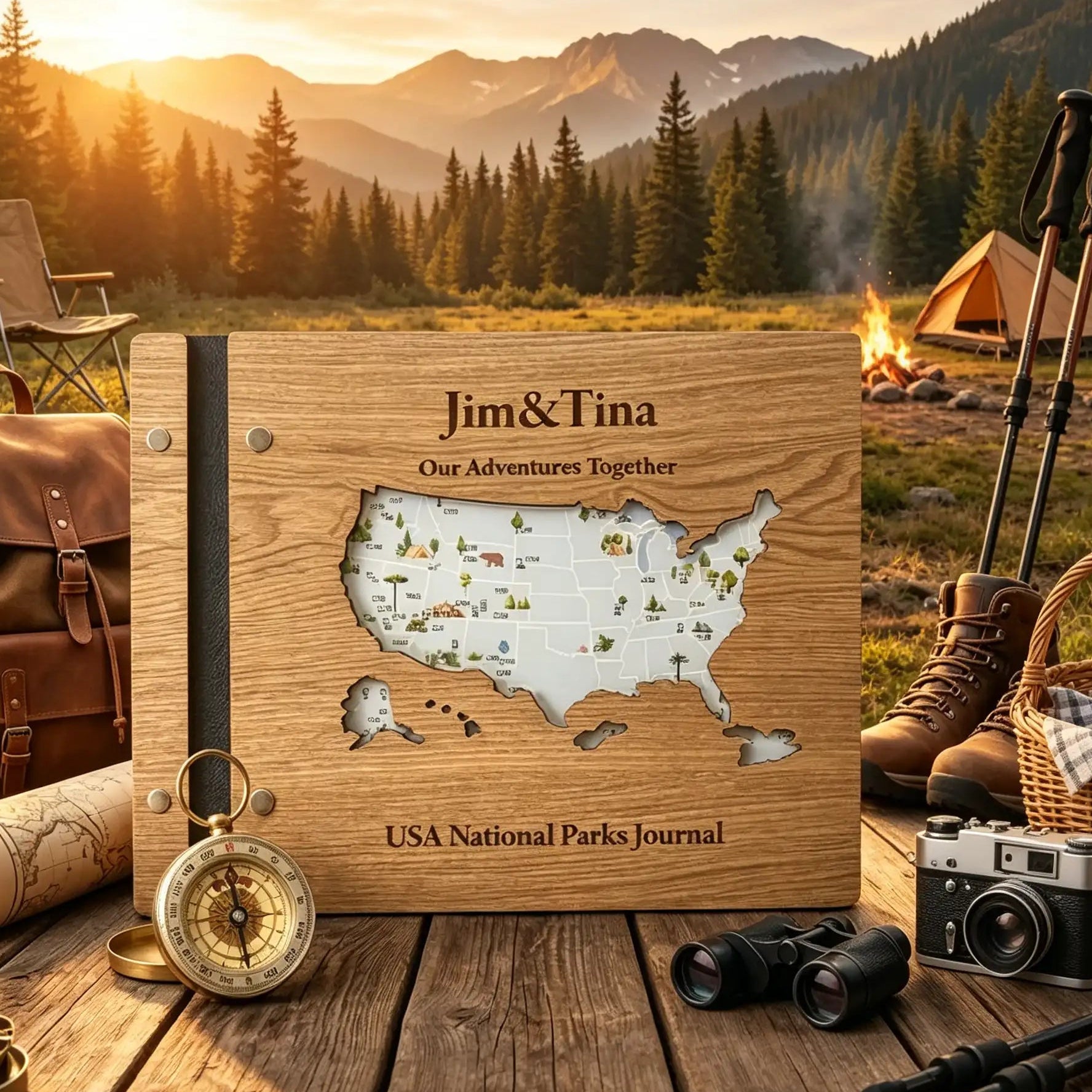 Personalized Wooden USA National Parks Travel Journal, Explorer Gift