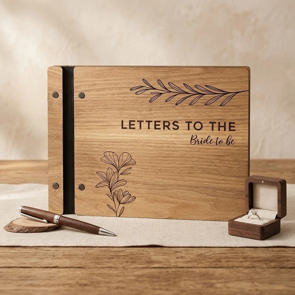 Personalized Wooden Wedding Guest Book: Engraved Photo Album, Leather Bound