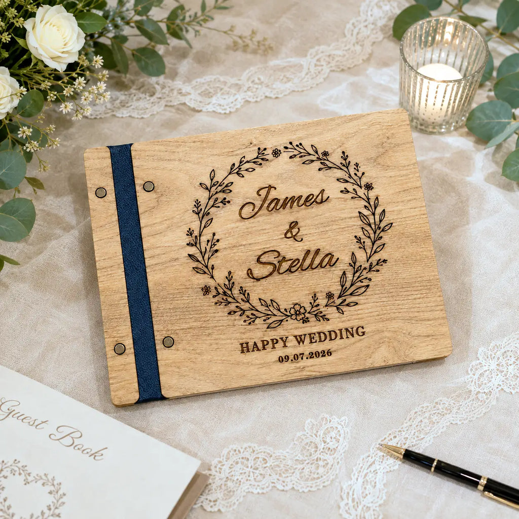 Personalized Floral Wreath Wooden Wedding Guest Book