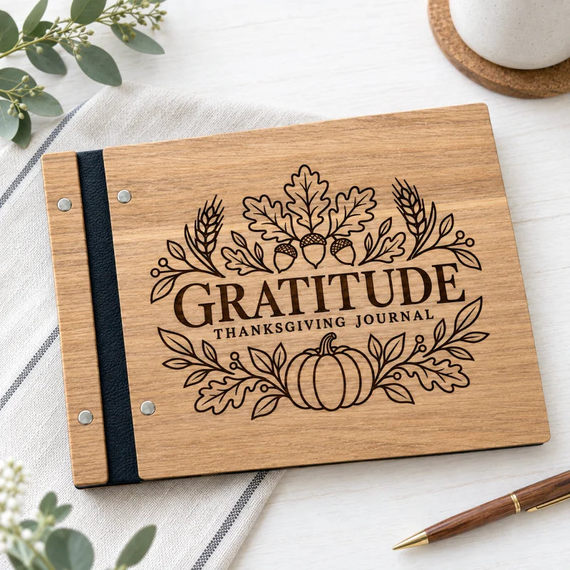 Wooden Thanksgiving Gratitude Journal | Fall Harvest Daily Reflection Diary & Holiday Gift