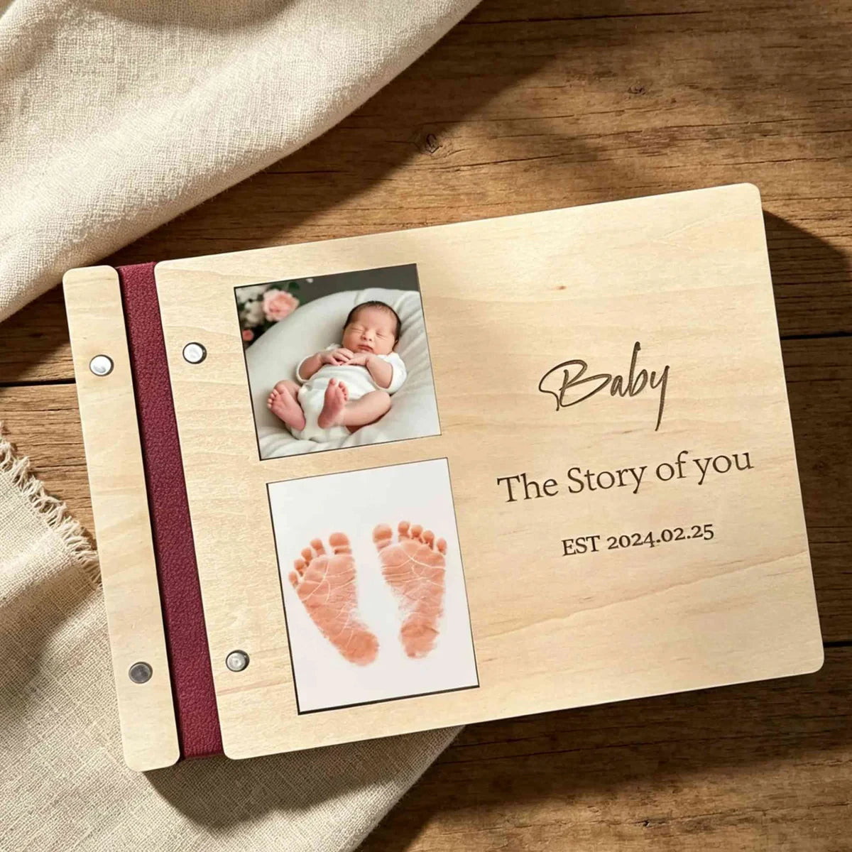 Wooden and Genuine Leather Guestbook for Baby Shower