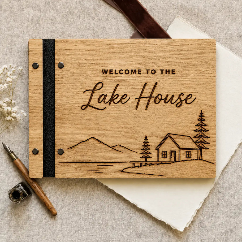 Personalized Lake House Guest Book, Custom Engraved Wooden Airbnb Welcome Book for Vacation Rental