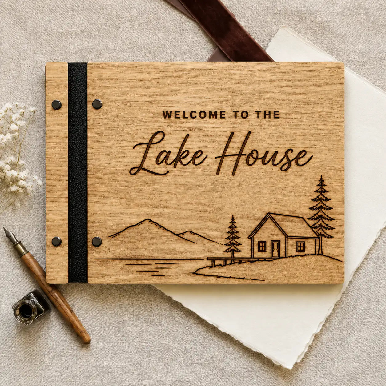 Personalized Lake House Guest Book, Custom Engraved Wooden Airbnb Welcome Book for Vacation Rental