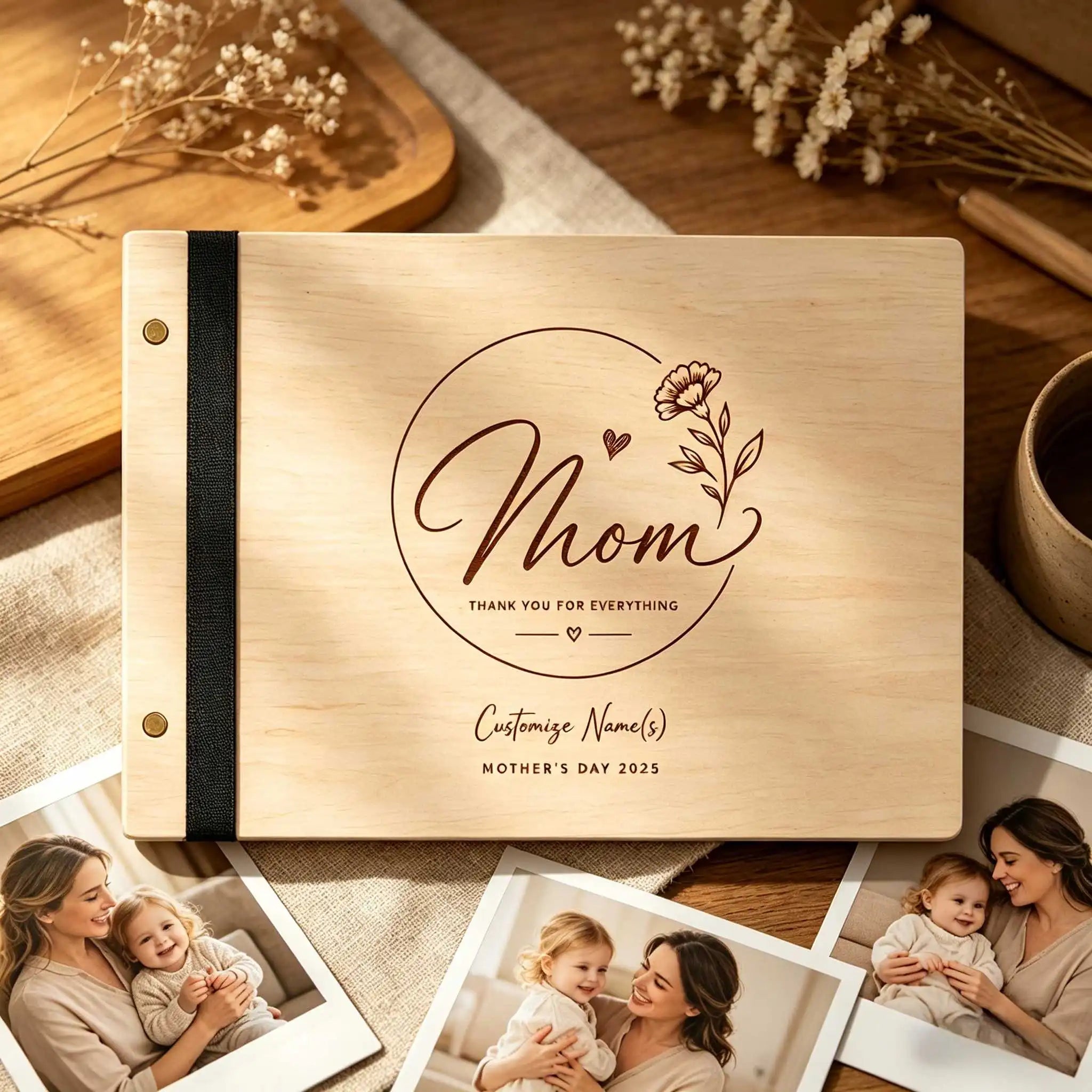 Personalized Wood Mother’s Day Scrapbook, Handcrafted Memory Guest Book & Photo Album