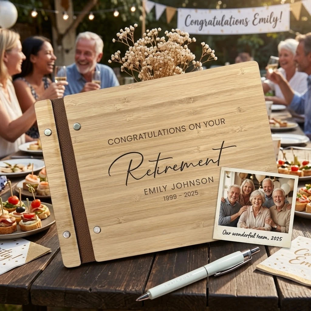 Personalized Wooden Retirement Commemorative Photo Album: Engraved Album, Leather Binding