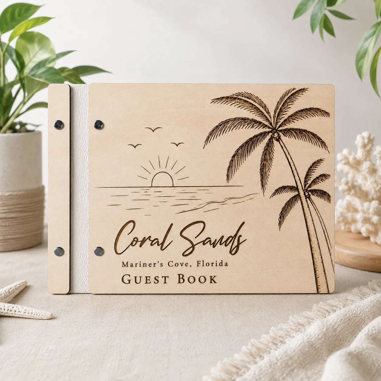 Personalized Coastal Wooden Guest Book – Palm Tree Beach Wedding Guest Book