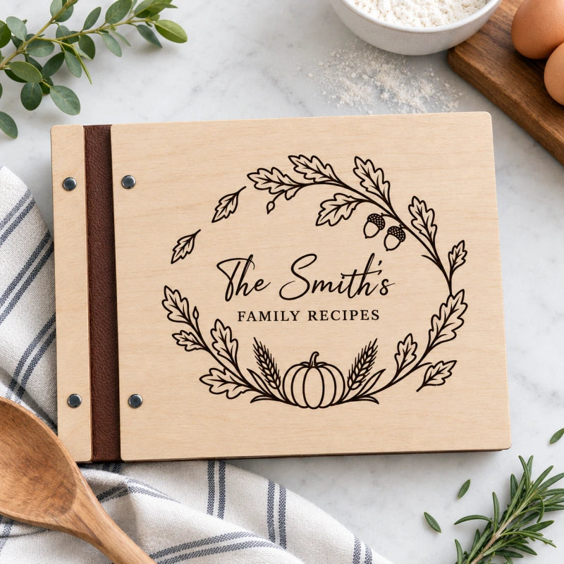 Personalized Wooden Family Recipe Book | Custom Engraved Cookbook & Thanksgiving Gift