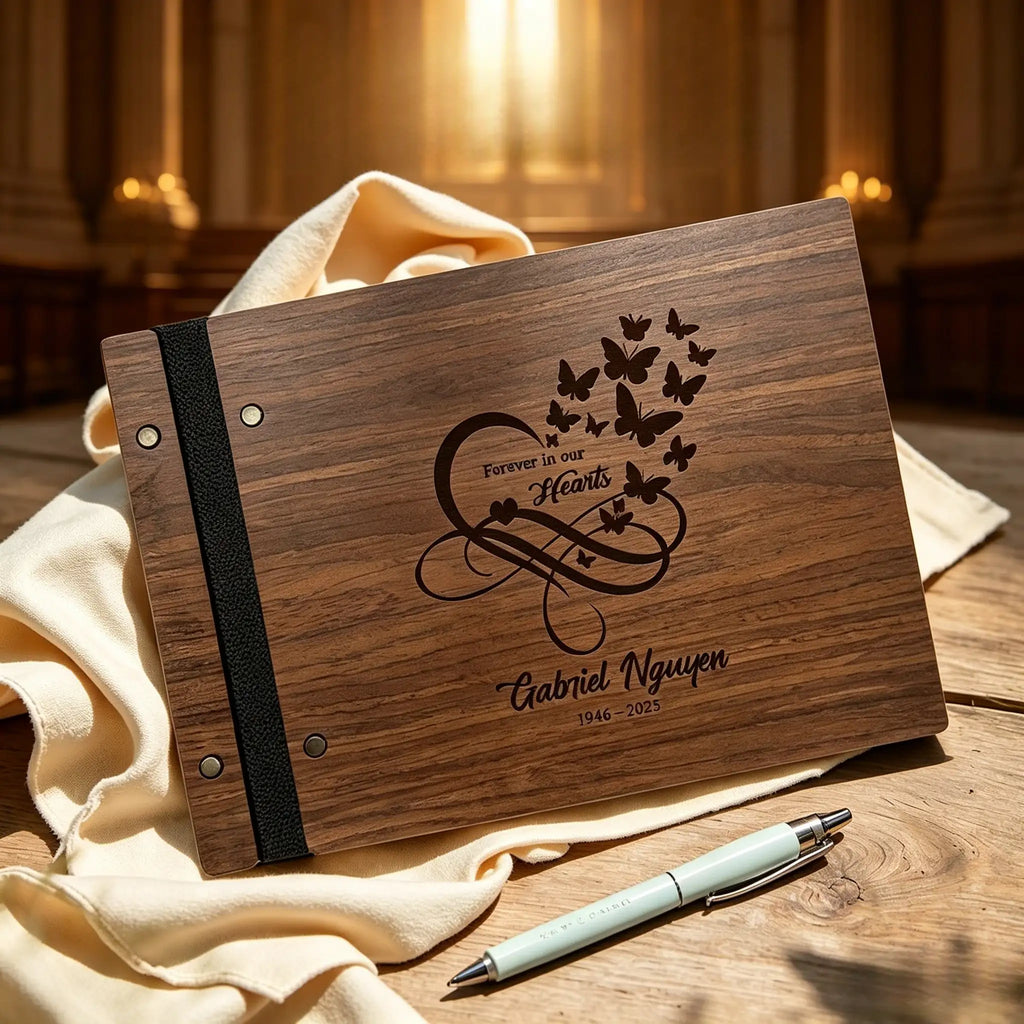 Personalized Wooden Guest Book: Engraved Celebration of Life, Memorial Guestbook