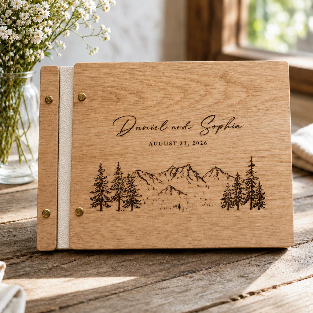 Personalized Wooden Wedding Guest Book – Custom Engraved Rustic Mountain Guestbook for Weddings & Couples