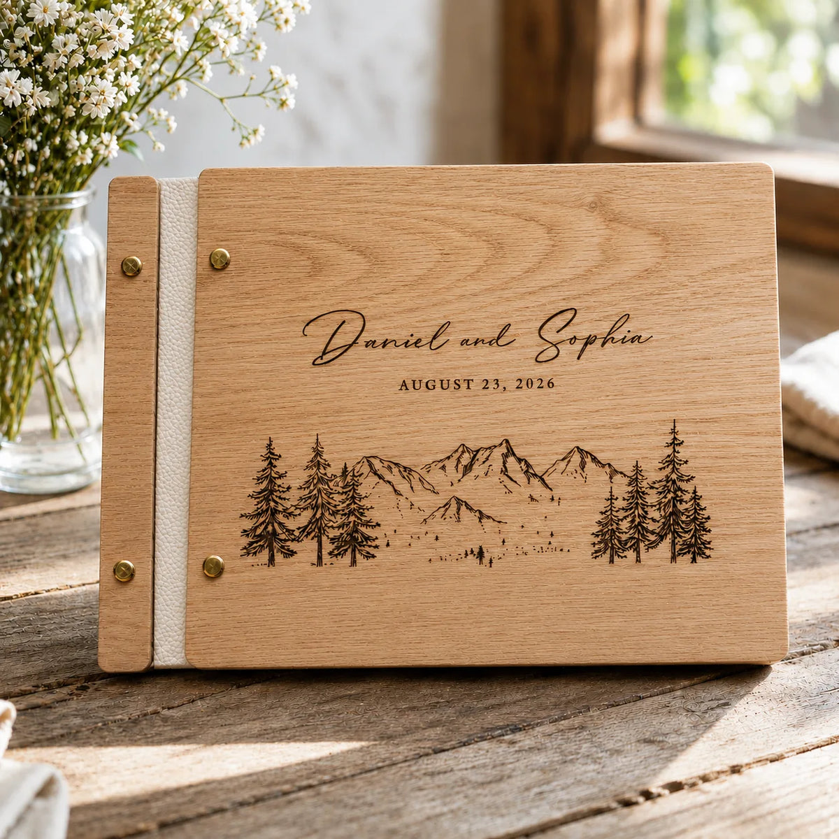 Personalized Wooden Wedding Guest Book – Custom Engraved Rustic Mountain Guestbook for Weddings & Couples
