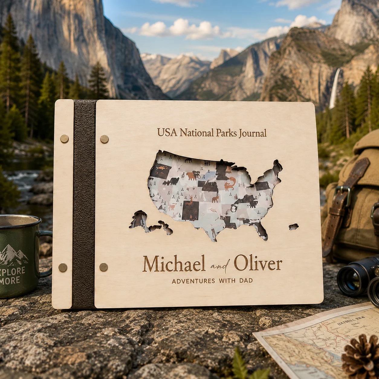 Personalized National Parks Journal for [Names] - Handcrafted Wood & Leather Adventure Memory Book