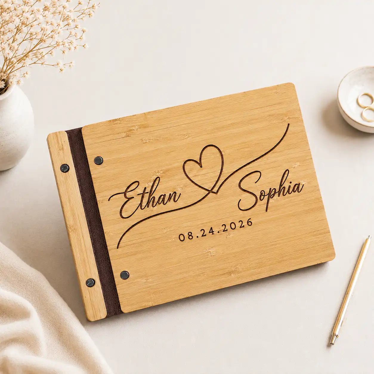 Personalized Wedding Guest Book - Custom Engraved Bamboo Keepsake for Weddings with Names & Date