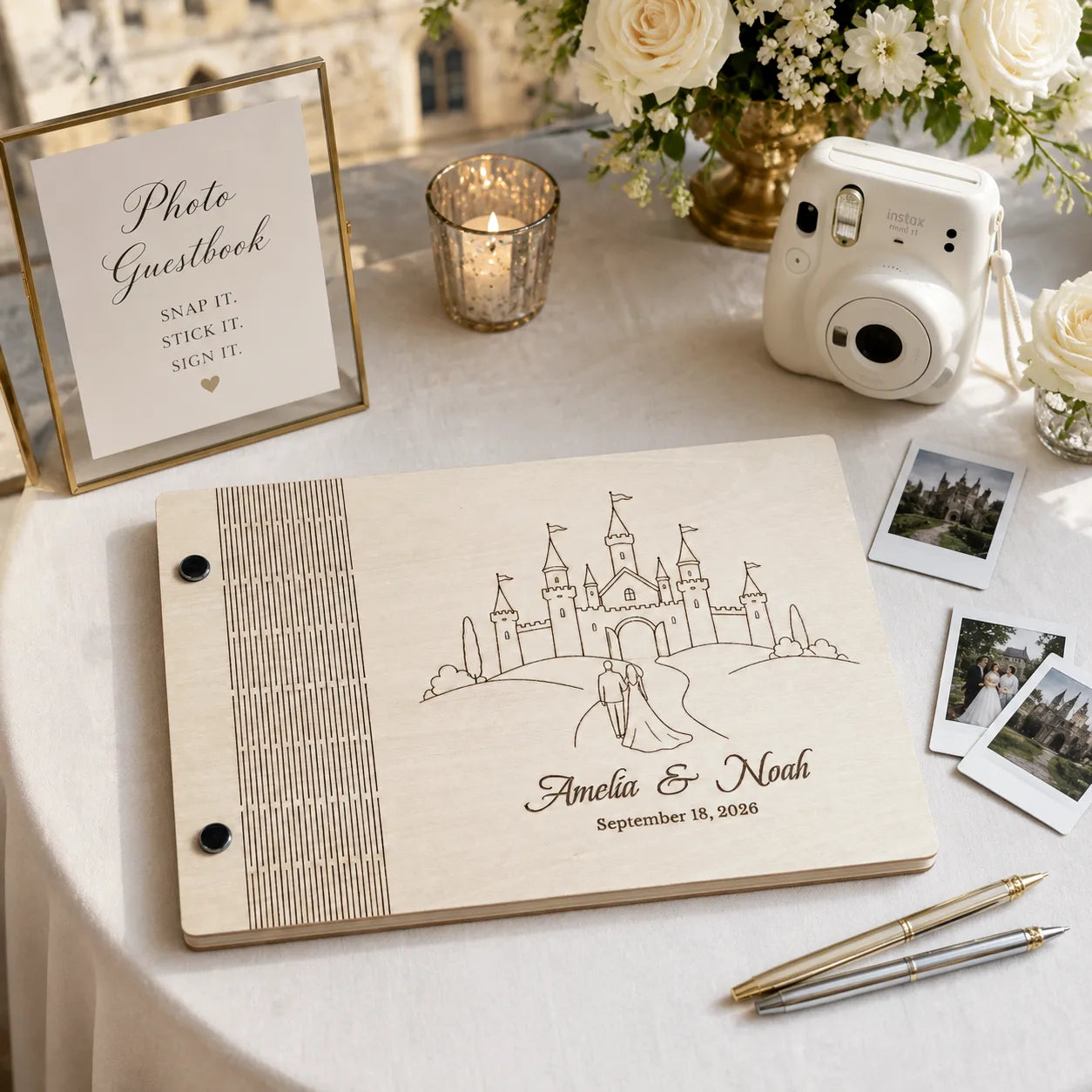 Personalized Fairytale Castle Wedding Guest Book – Engraved Wood Guestbook