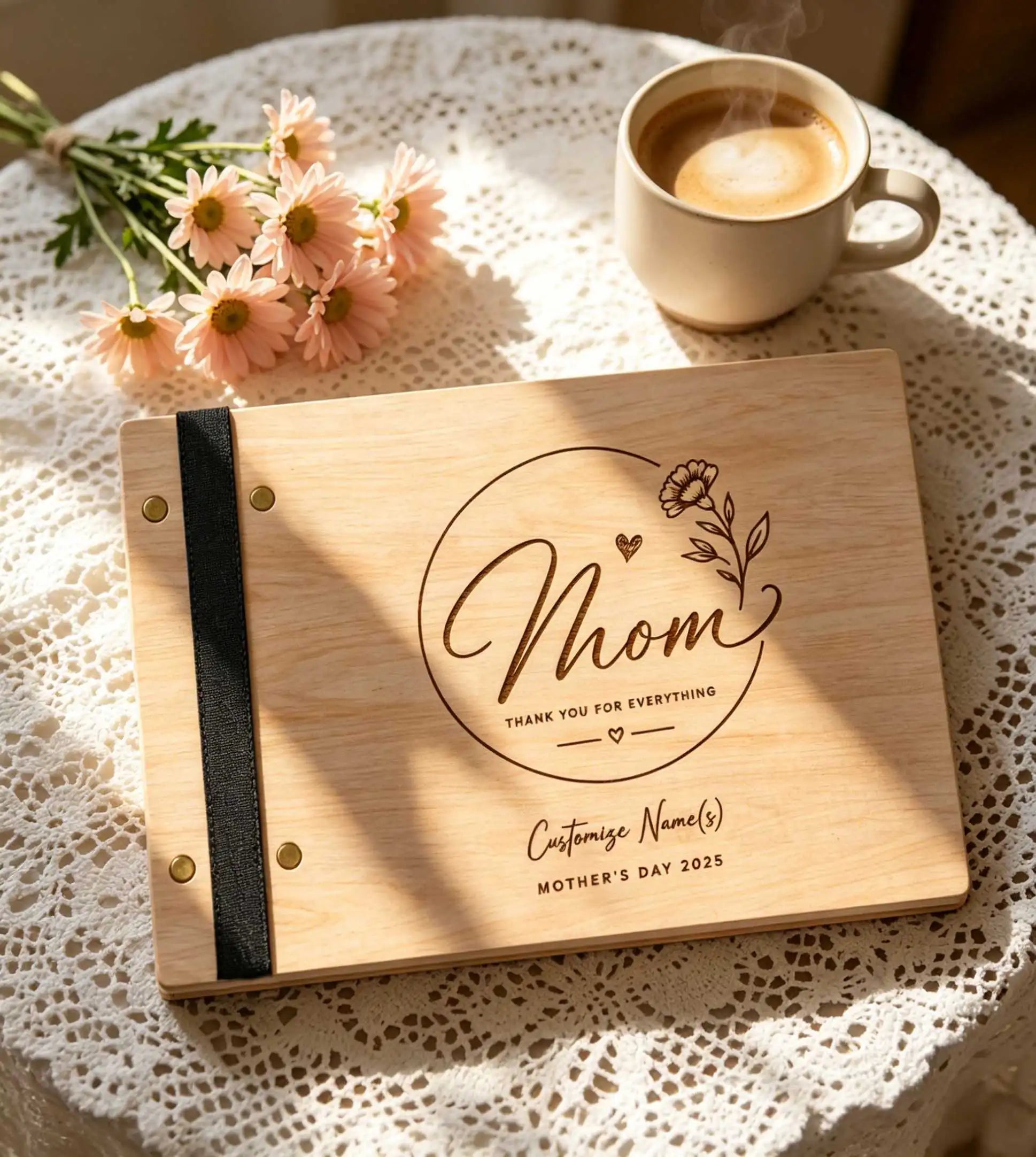 Personalized Wood Mother’s Day Scrapbook, Handcrafted Memory Guest Book & Photo Album