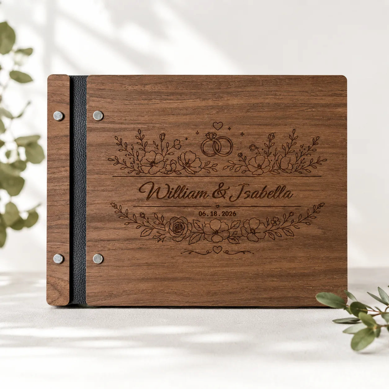 Custom Engraved Wedding Guest Book with Floral Design, Personalized Wooden Keepsake Guestbook