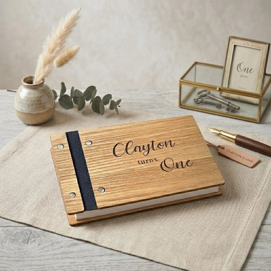 Personalized Wooden Guest Book: Photo Album Turns One Gift for Birthday Keepsake