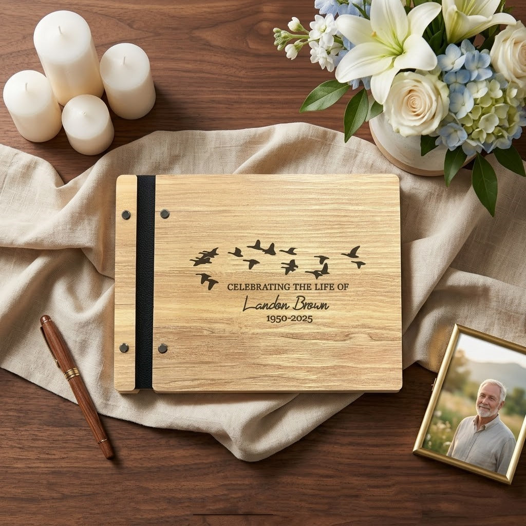 Personalized  Wooden Memorial Guest Book, Celebration of Life Engraved Keepsake with Flock of Birds