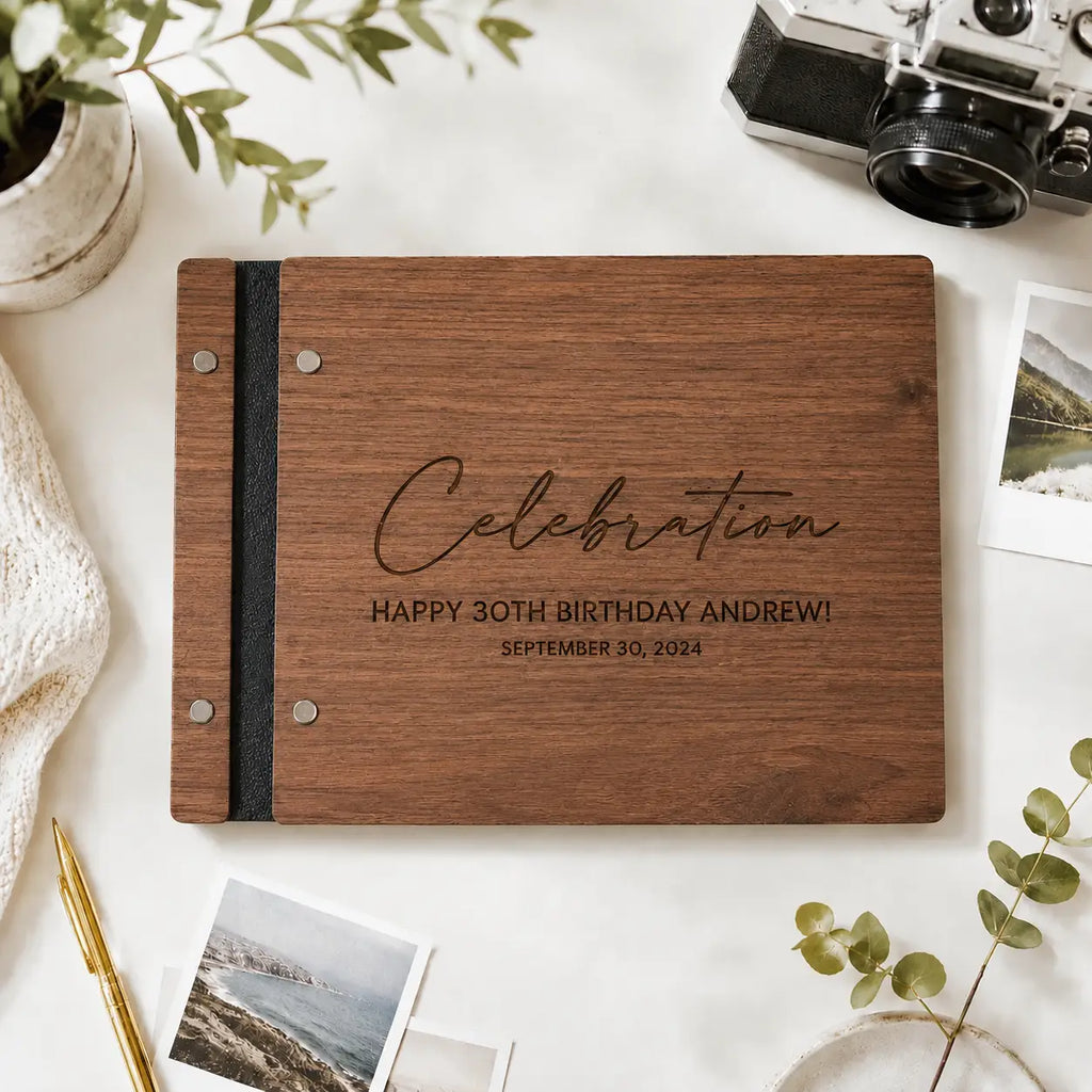 Personalized Walnut Wooden Memory Book – Custom Engraved Keepsake Album for Birthdays & Special Moments