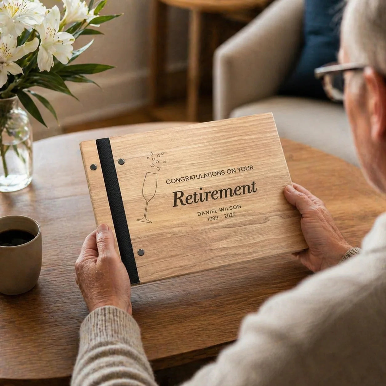 Personalized Wooden Retirement Commemorative Photo Album: Engraved Album, Leather Binding