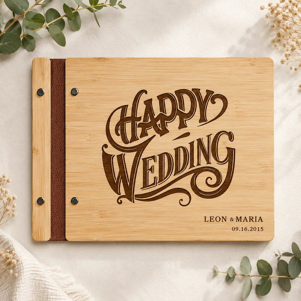 Personalized Wooden Wedding Guest Book – Custom Engraved Bamboo Photo Album & Sign-In Book with Names and Date