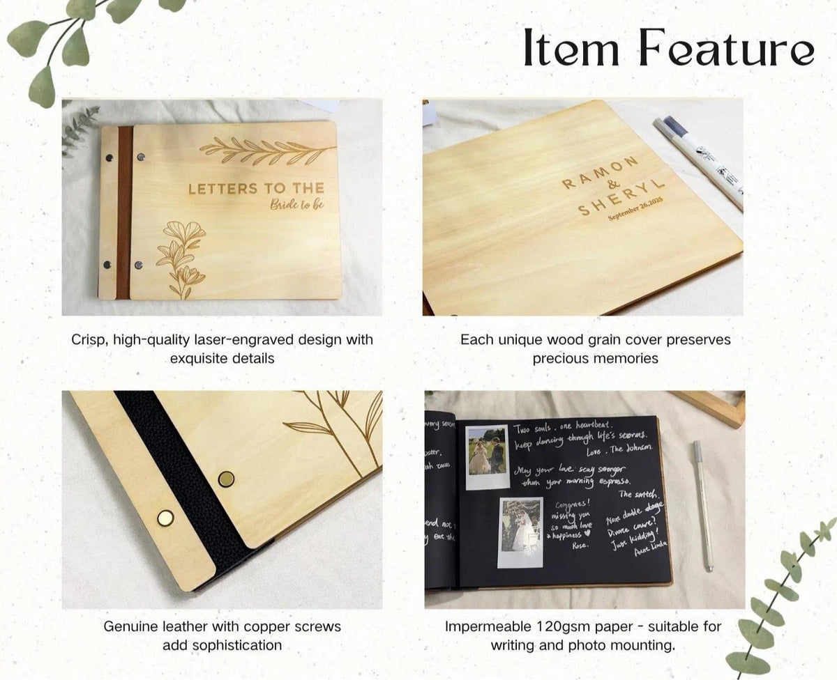Personalized Rustic Wooden Wedding Guest Book – Vintage Engraved Wedding Keepsake Album