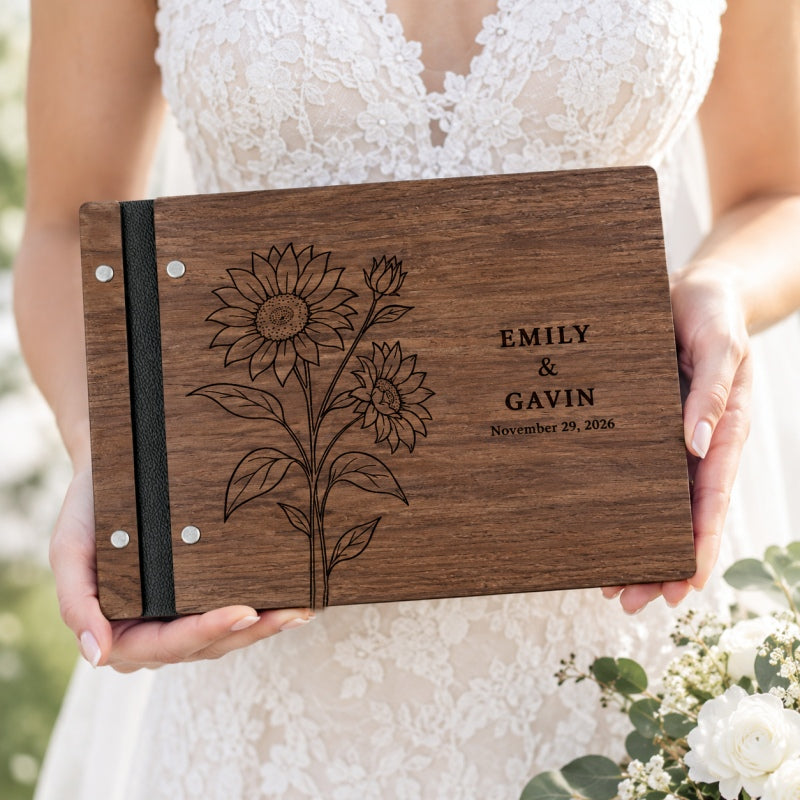 Personalized Wooden Wedding Guest Book, Floral Engraved Walnut Photo Album
