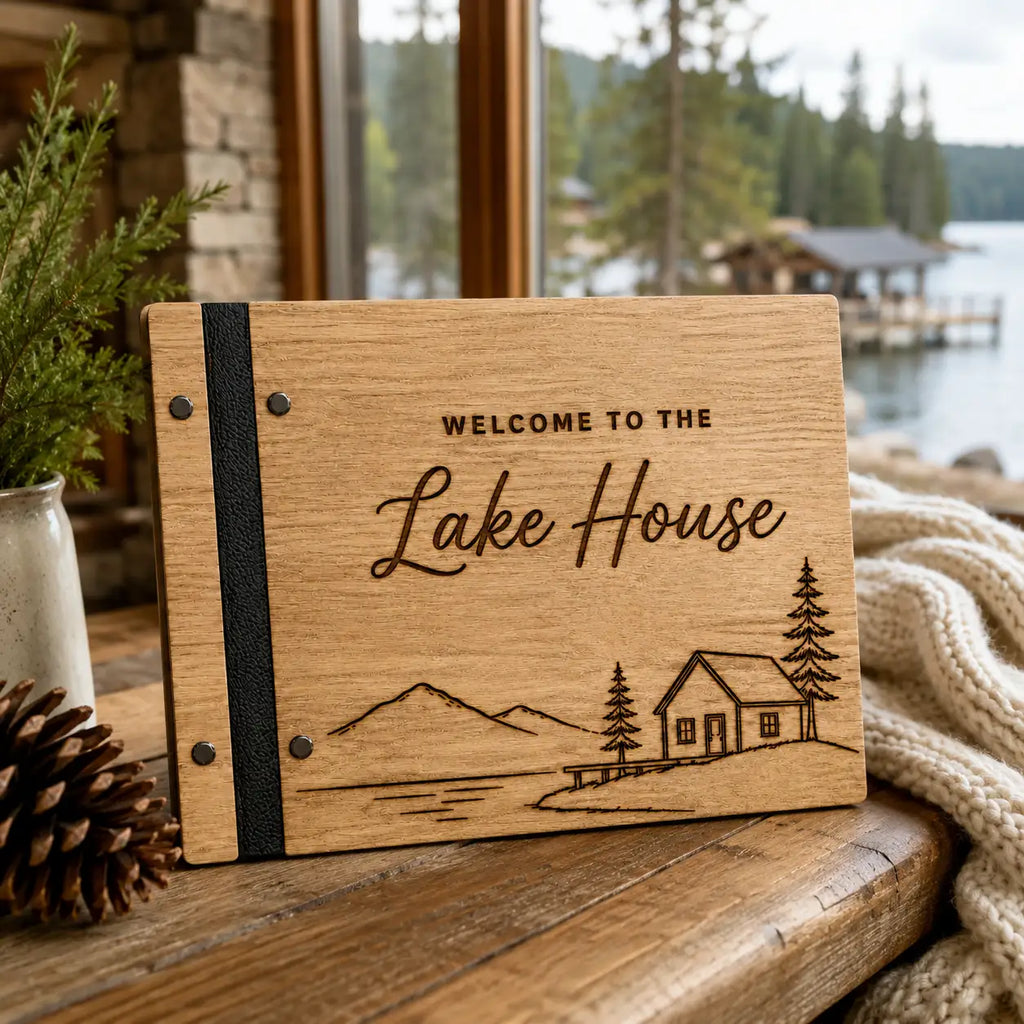 Personalized Lake House Guest Book, Custom Engraved Wooden Airbnb Welcome Book for Vacation Rental