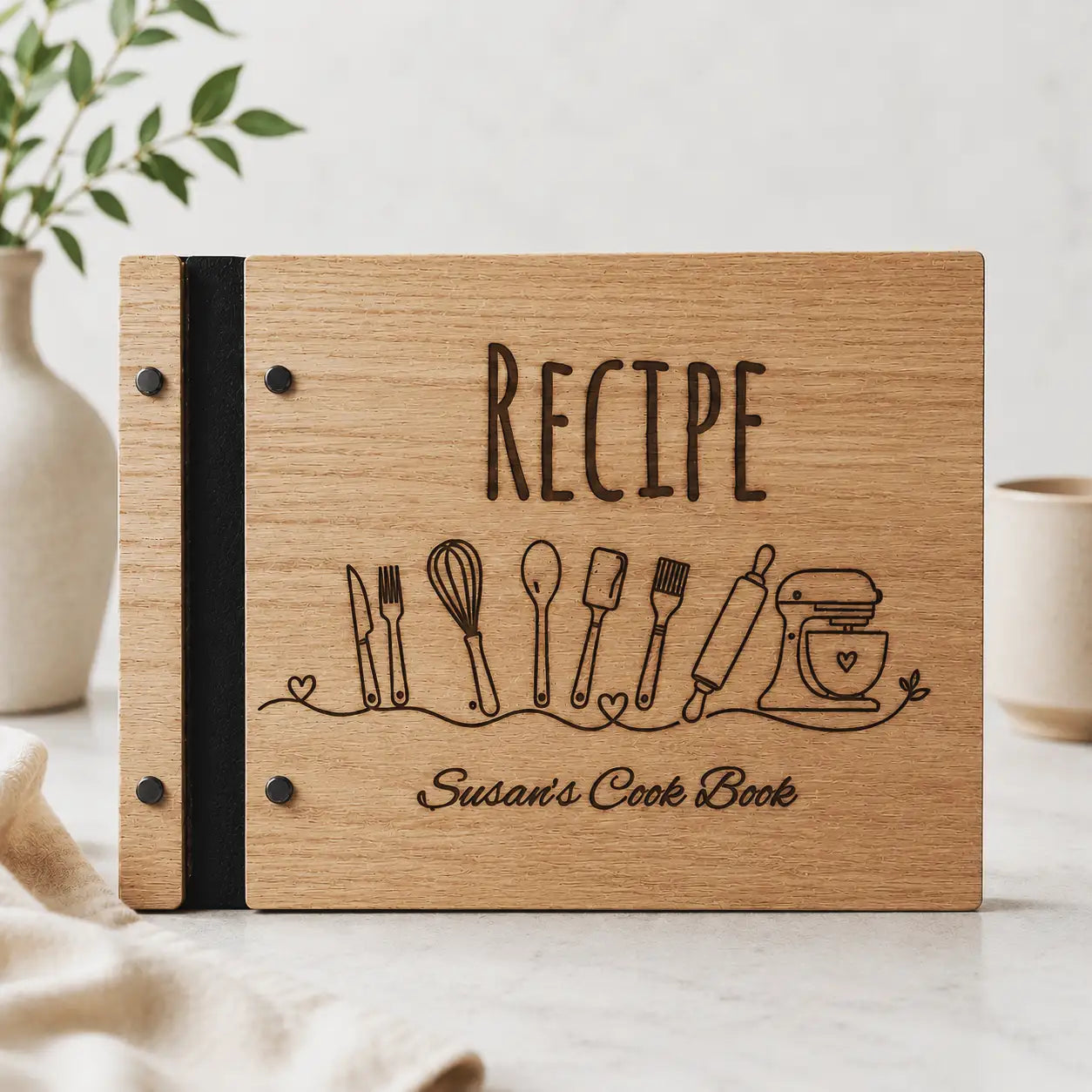 Personalized Wooden Recipe Book – Custom Engraved Family Cookbook & Recipe Organizer