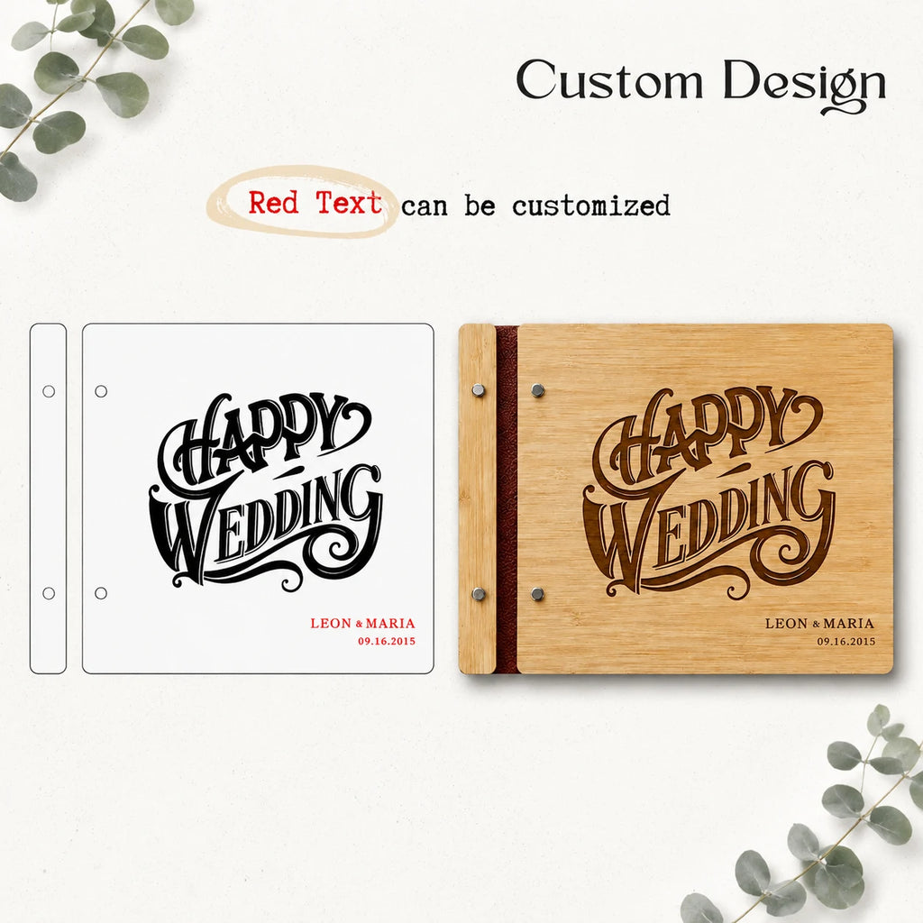 Personalized Wooden Wedding Guest Book – Custom Engraved Bamboo Photo Album & Sign-In Book with Names and Date