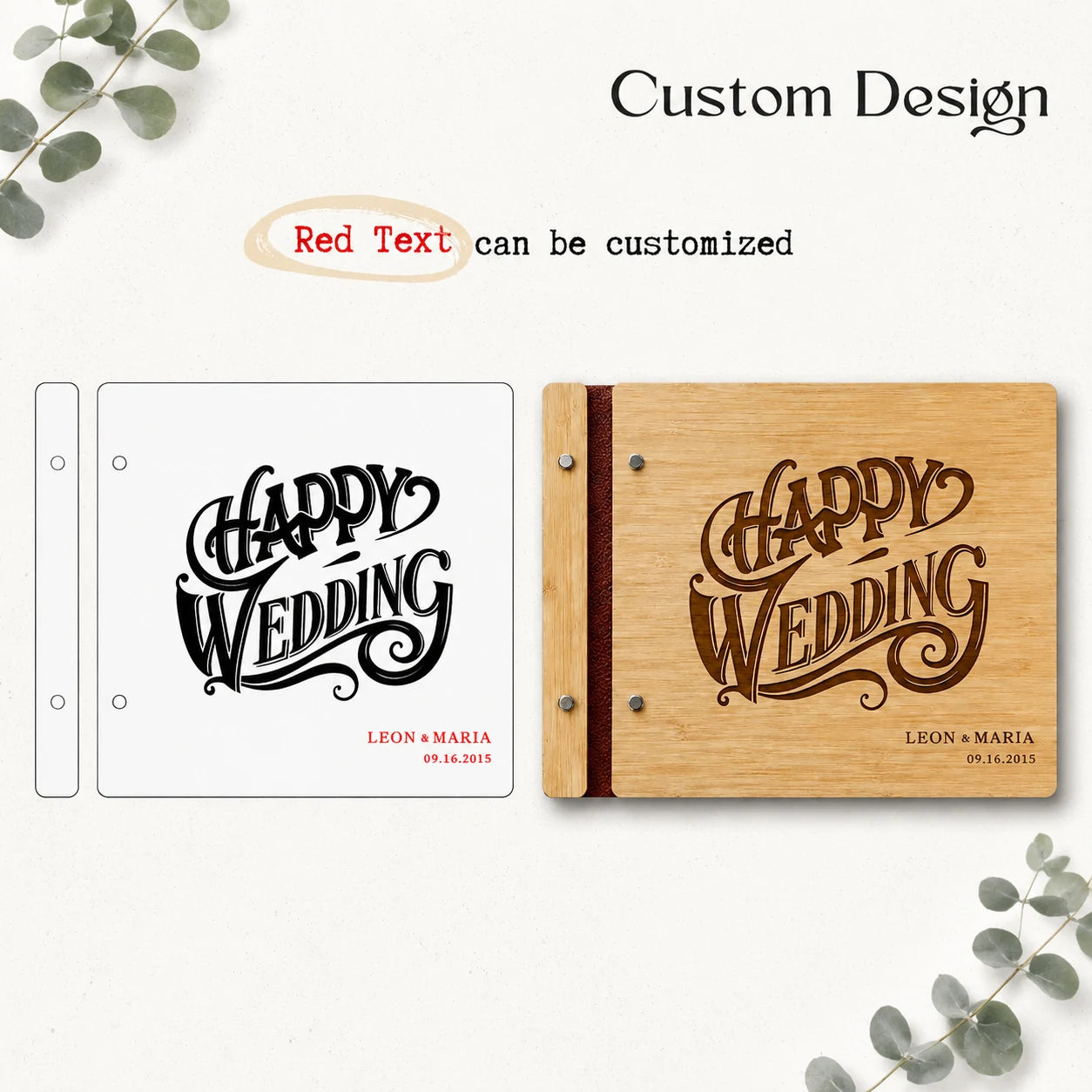 Personalized Wooden Wedding Guest Book – Custom Engraved Bamboo Photo Album & Sign-In Book with Names and Date