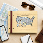 Personalized USA Travel Map Journal, Wooden Adventure Book
