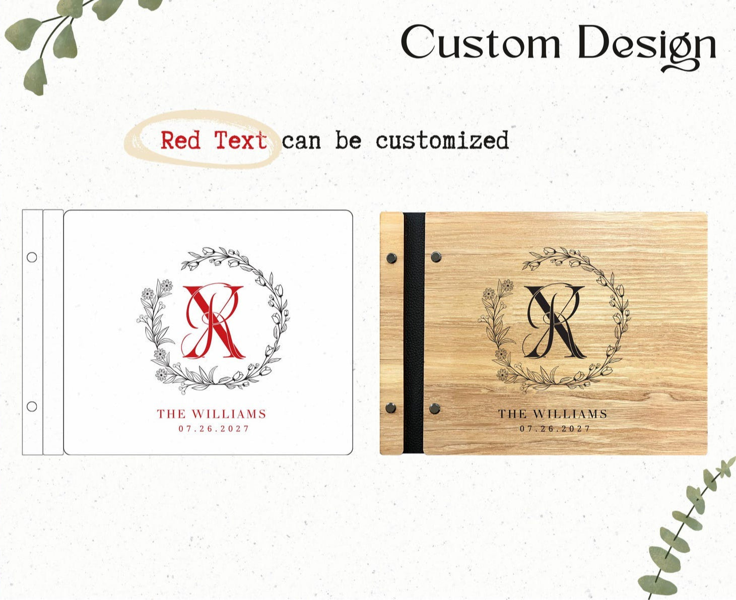 Elegant Floral Monogram Wood Guest Book  - Engraved Blessings Keepsake | Personalized with Names & Date