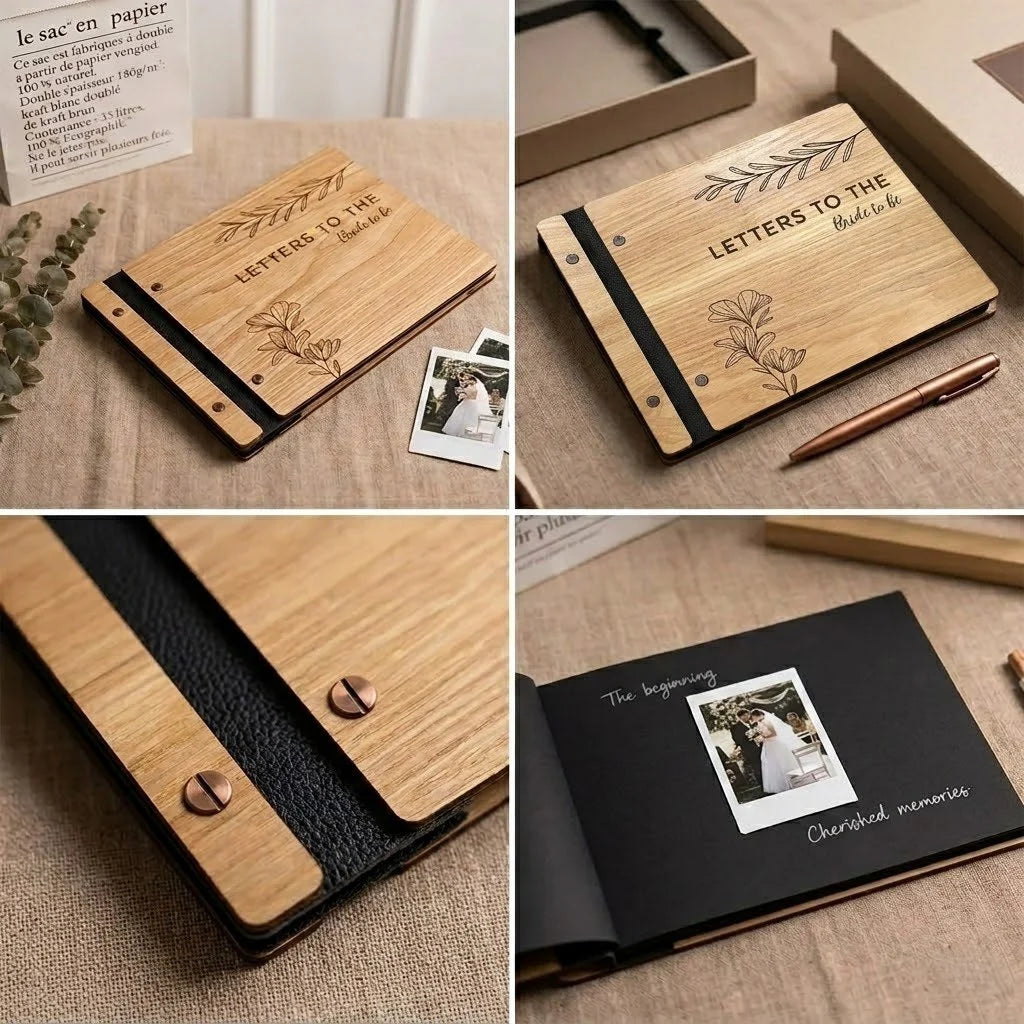 Personalized Wooden Wedding Guest Book: Engraved Photo Album, Leather Bound