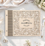 Personalized Wooden Wedding Guest Book | Engraved Rose Cutout Design | Custom Sign-In Book & Keepsake Album