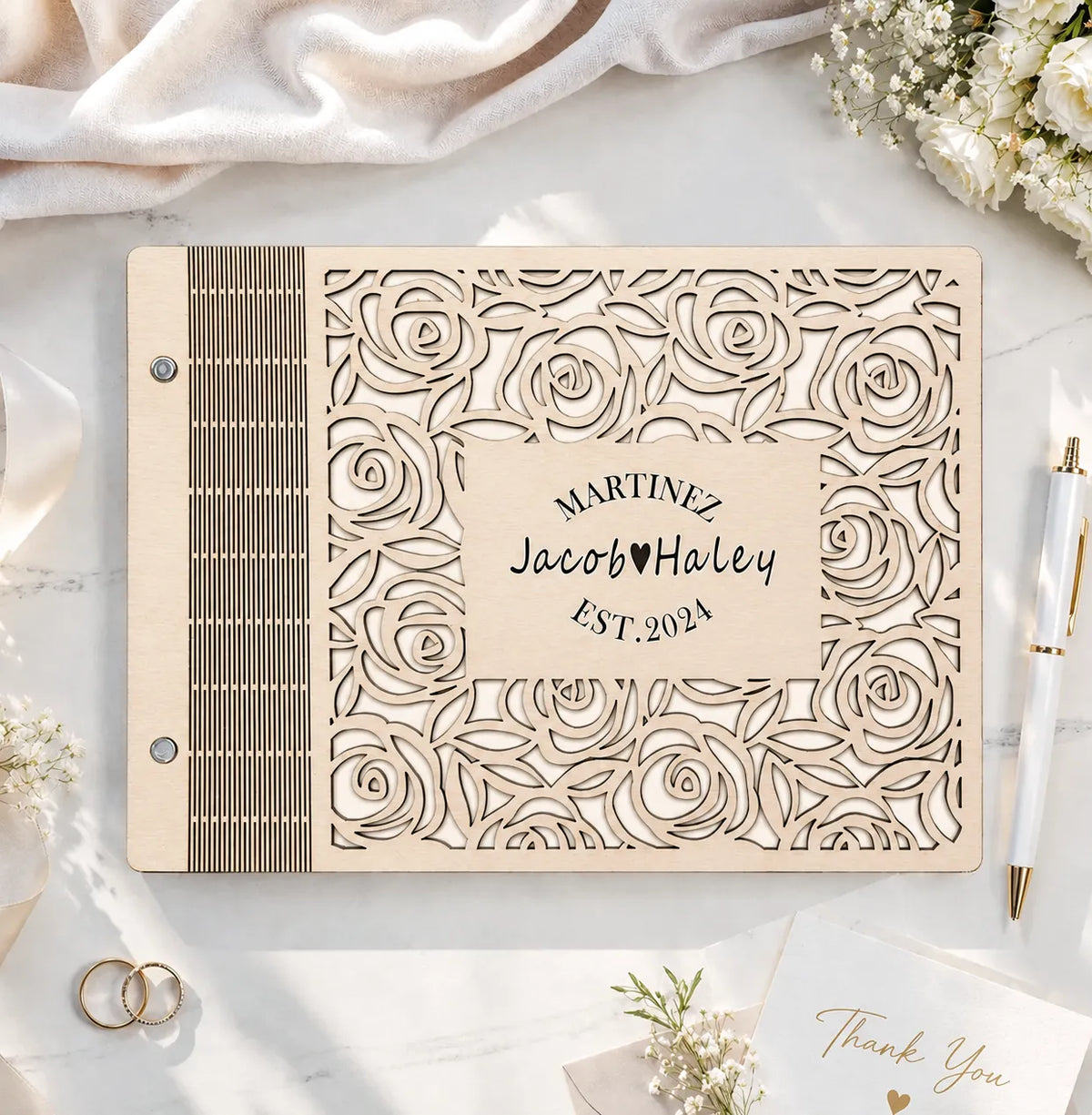 Personalized Wooden Wedding Guest Book | Engraved Rose Cutout Design | Custom Sign-In Book & Keepsake Album