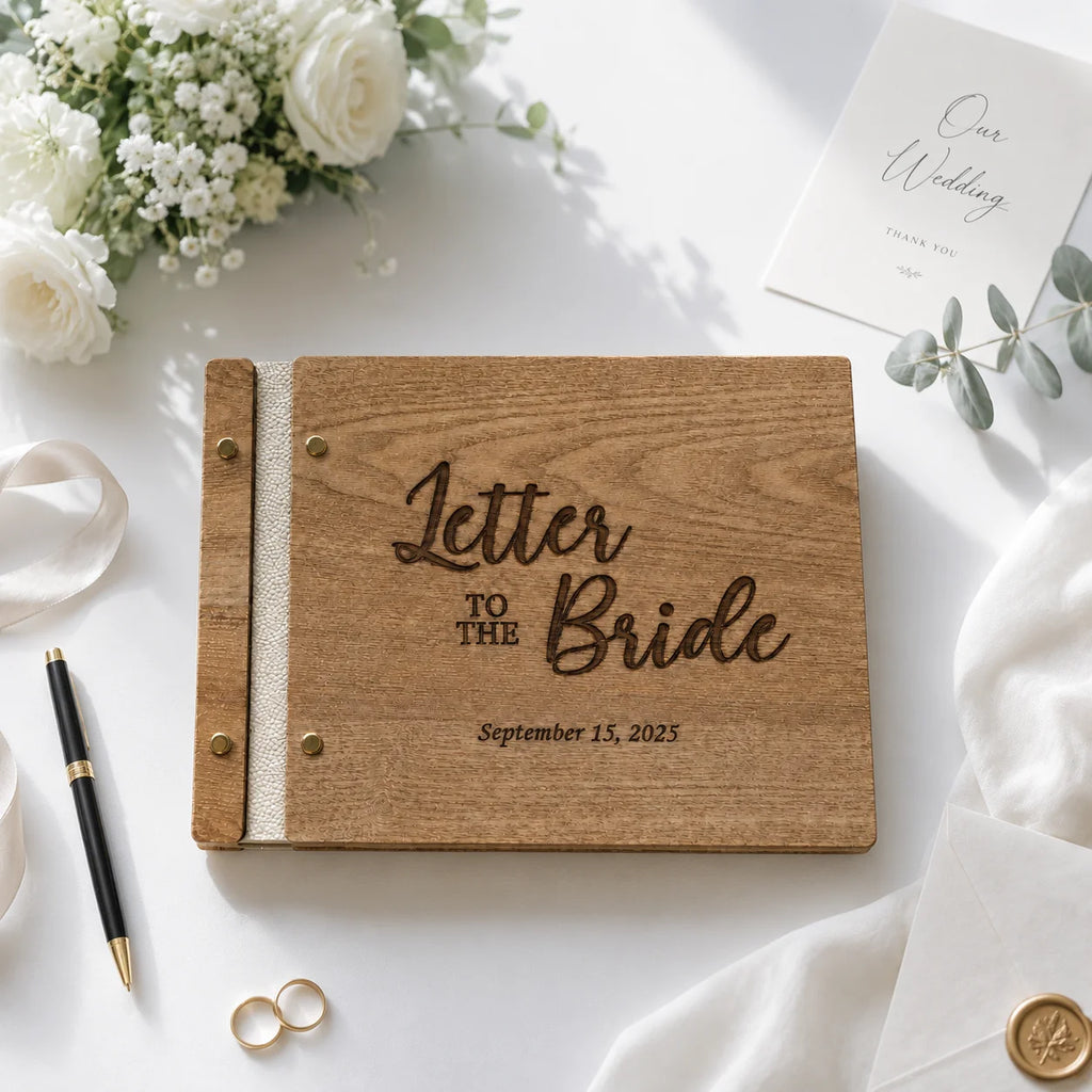 Personalized Wooden Letter to the Bride Book – Handmade Wedding Memory Album & Bridal Shower Keepsake Gift