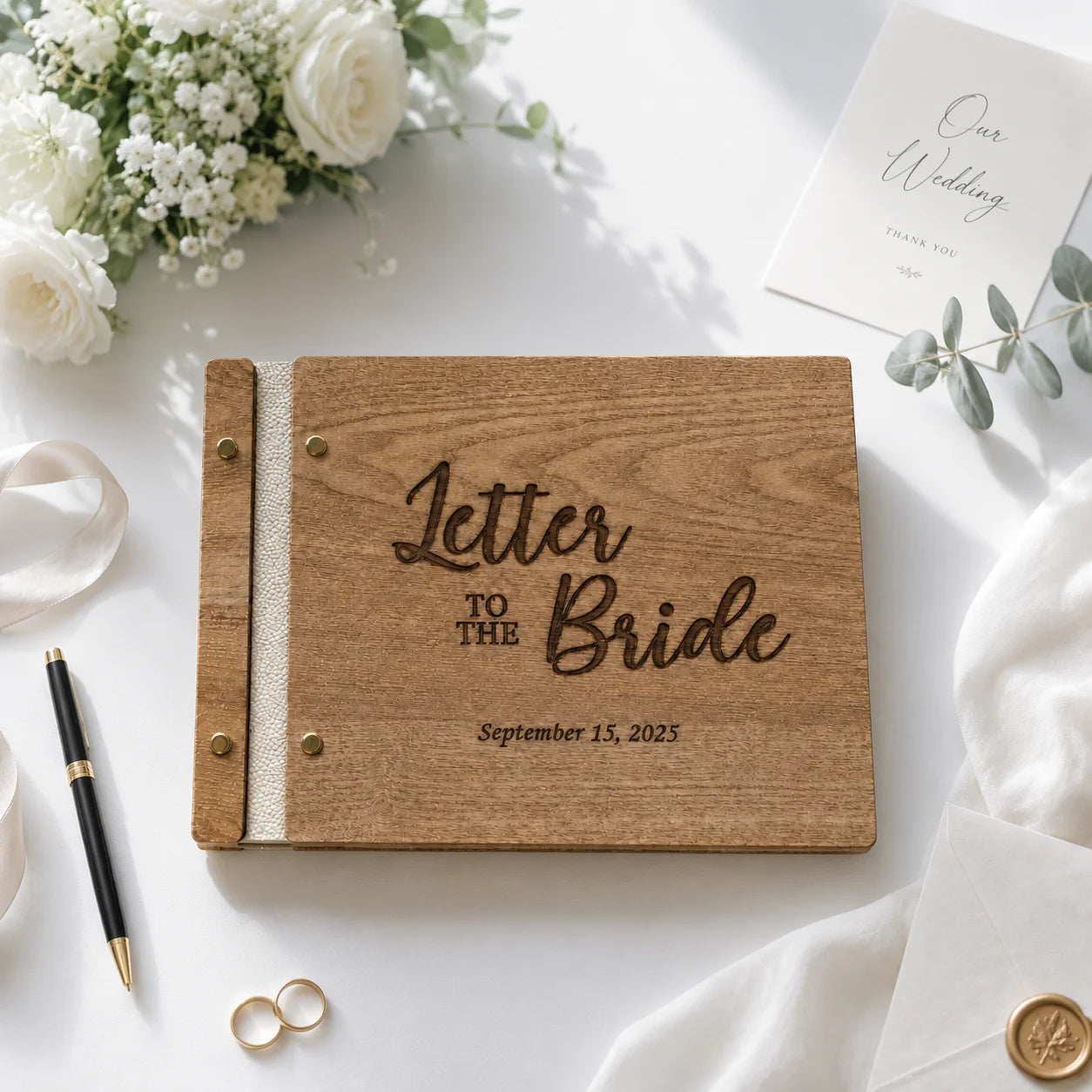 Personalized Wooden Letter to the Bride Book – Handmade Wedding Memory Album & Bridal Shower Keepsake Gift