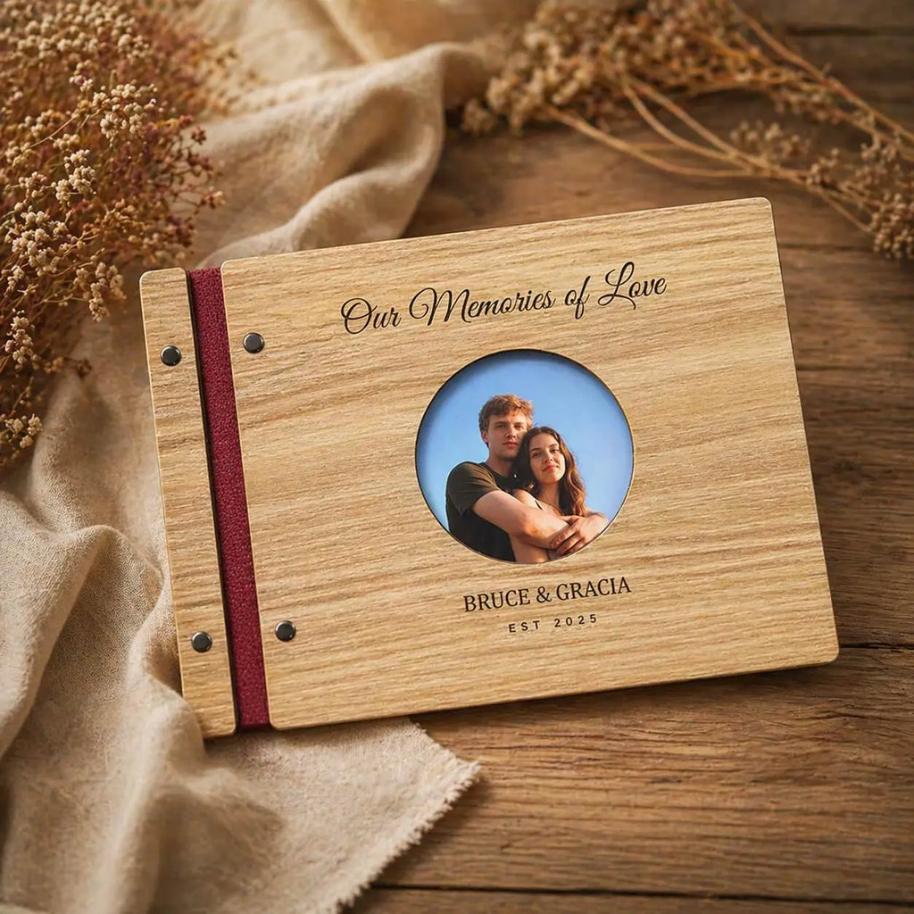Personalized Wooden Wedding Guest Book: Engraved Photo Album Keepsake