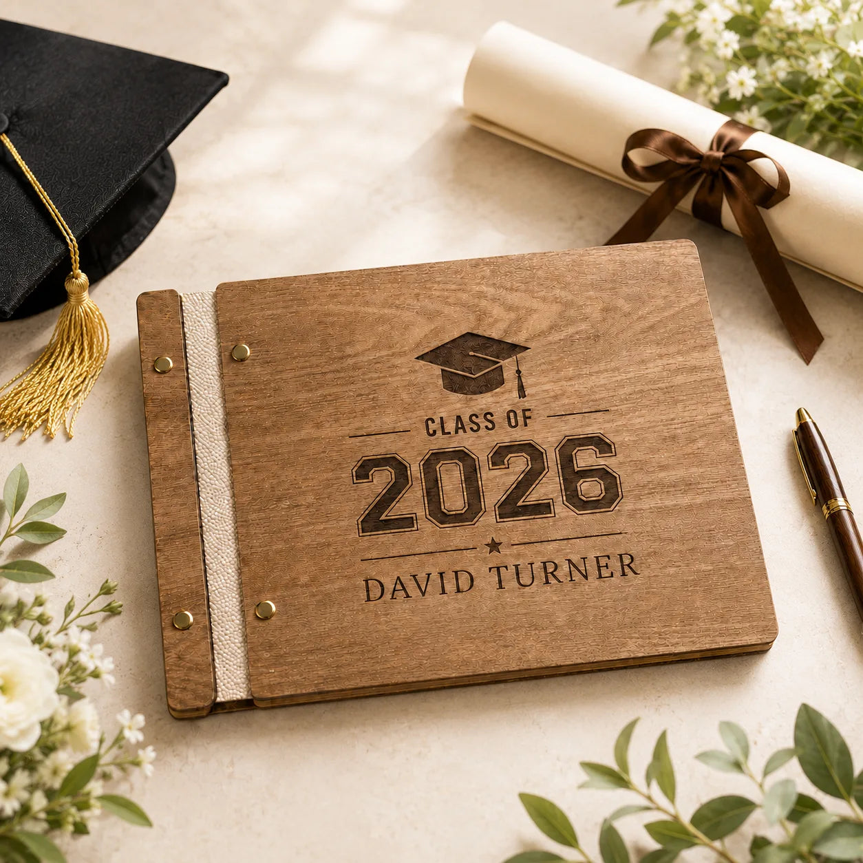 Personalized Graduation Guest Book - Custom Wooden Photo Album, Class of 2026 Senior Gift
