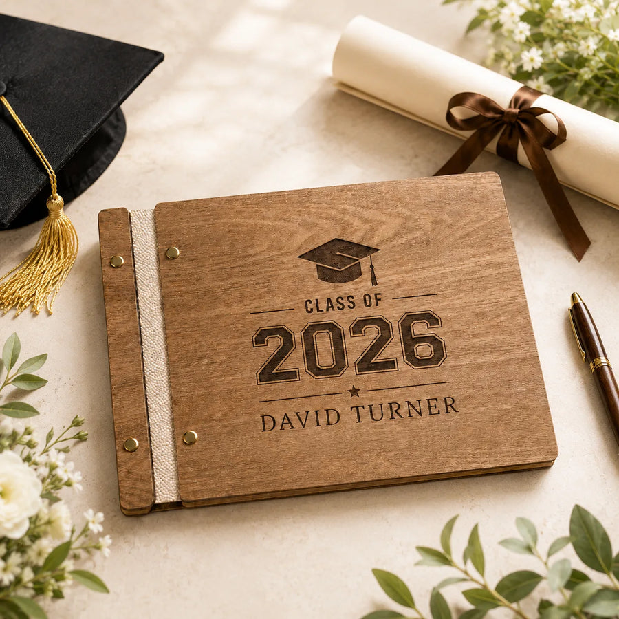 Personalized Graduation Guest Book - Custom Wooden Photo Album, Class of 2026 Senior Gift