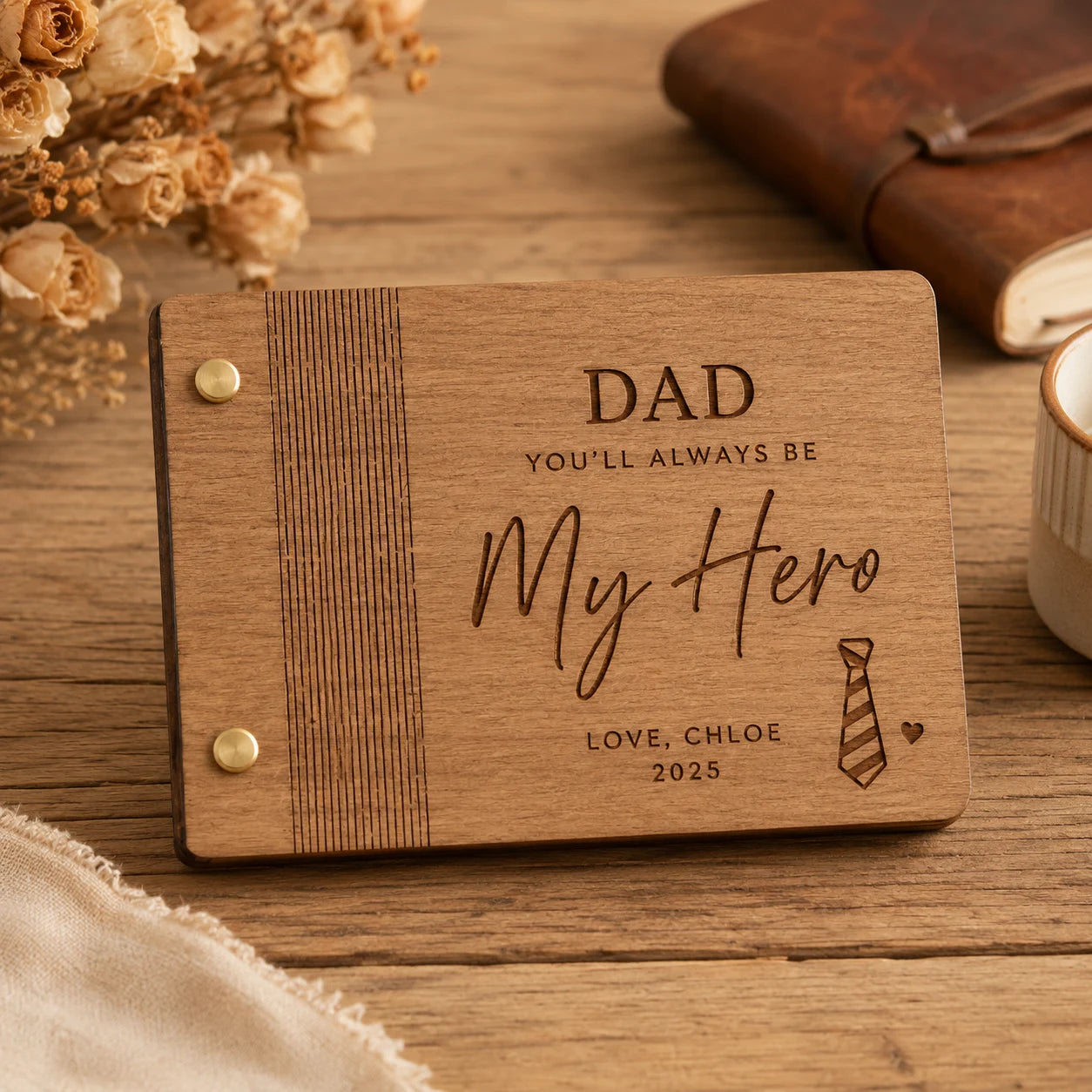 Personalized Memory Book for Dad – Laser Cut Wooden Album – Best Father’s Day Gift