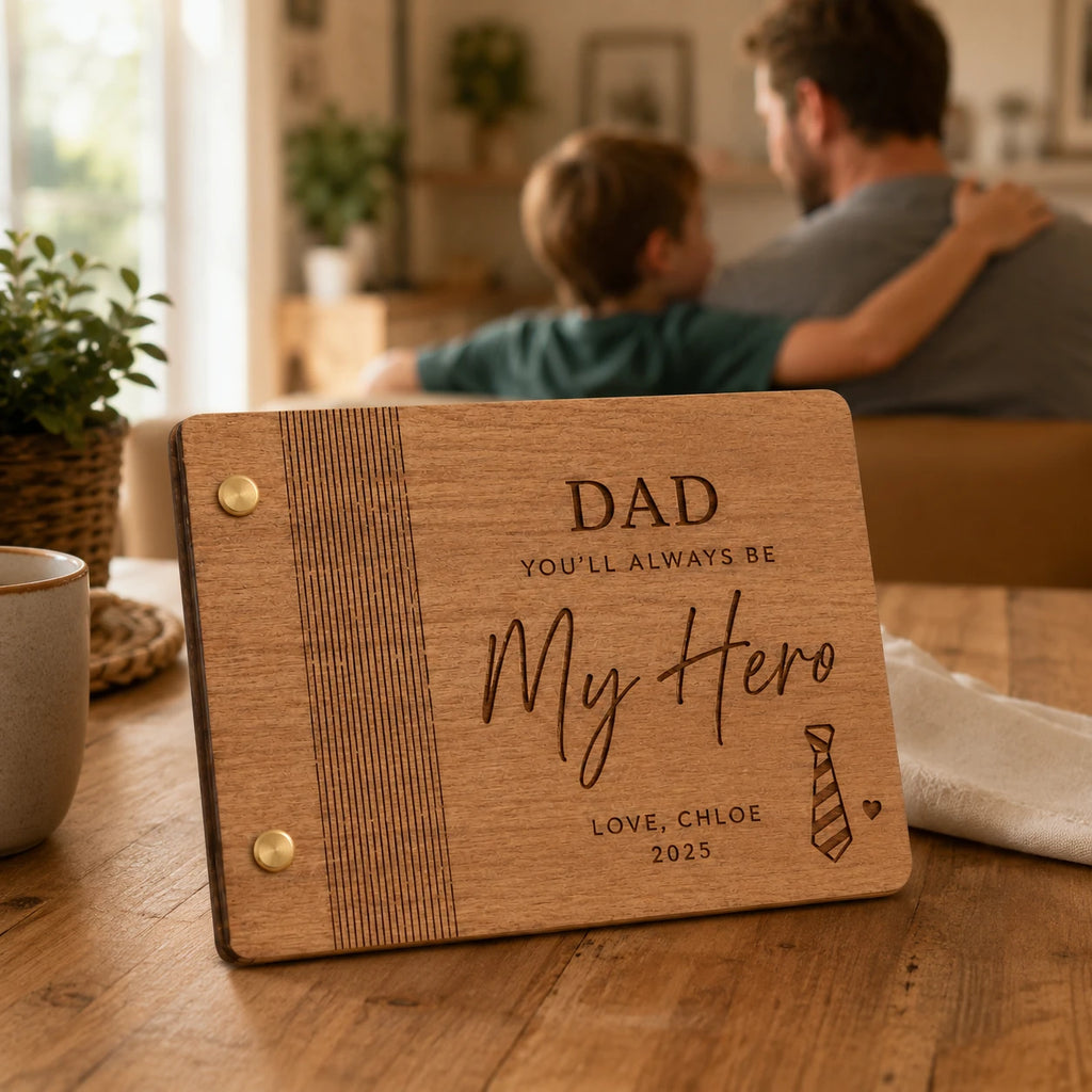Personalized Memory Book for Dad – Laser Cut Wooden Album – Best Father’s Day Gift