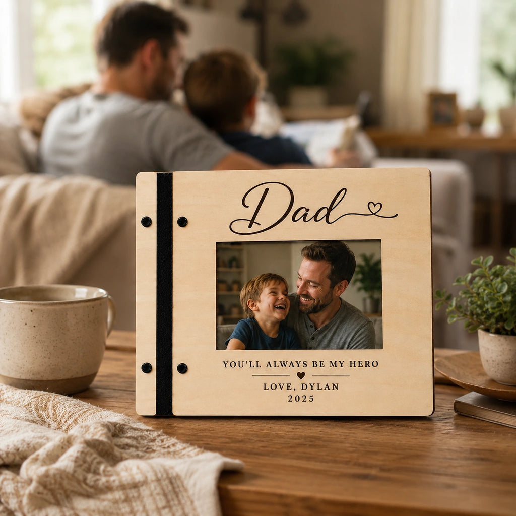 Custom Engraved Wood Scrapbook | Personalized Dad Photo Album | Best Father’s Day Keepsake Gift