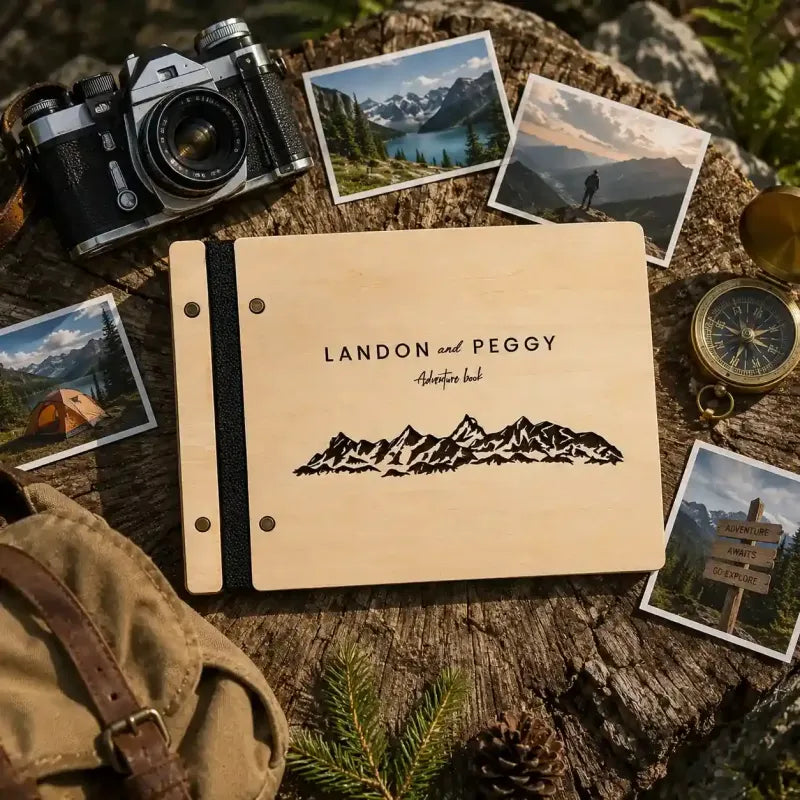Personalized Couple Travel Journal – Wooden Adventure Scrapbook for Romantic Memories
