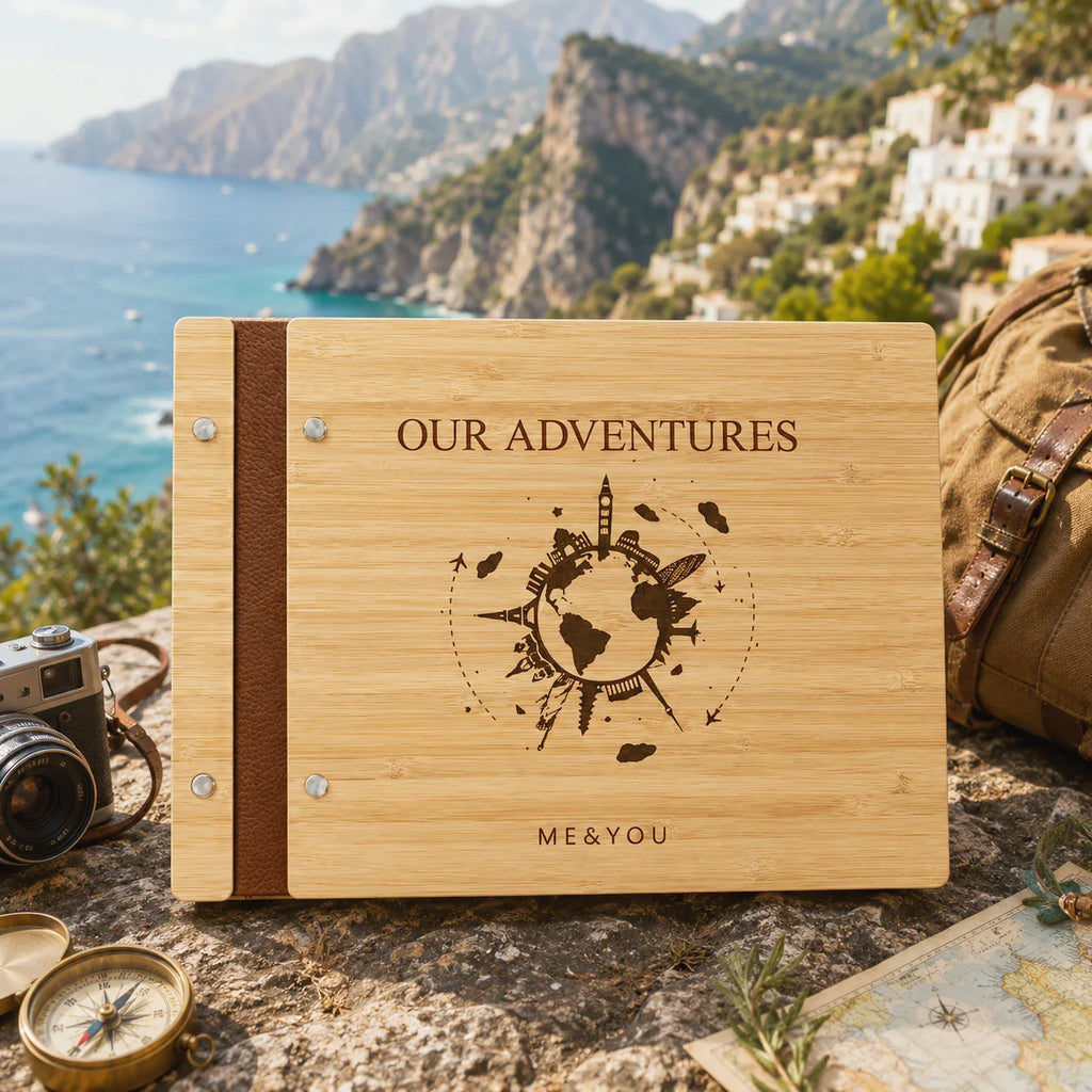 Custom Wooden Travel Journal – Personalized Adventure Scrapbook Gift for Travelers